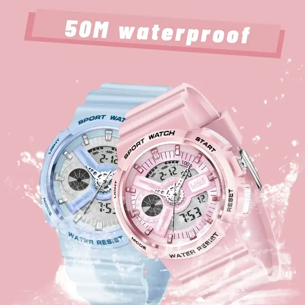LIGE 8939 Digital Analog High Quality PU Leather Women’s Sports Watch – Dial Color: Blue, Strap Color: Blue – View 3