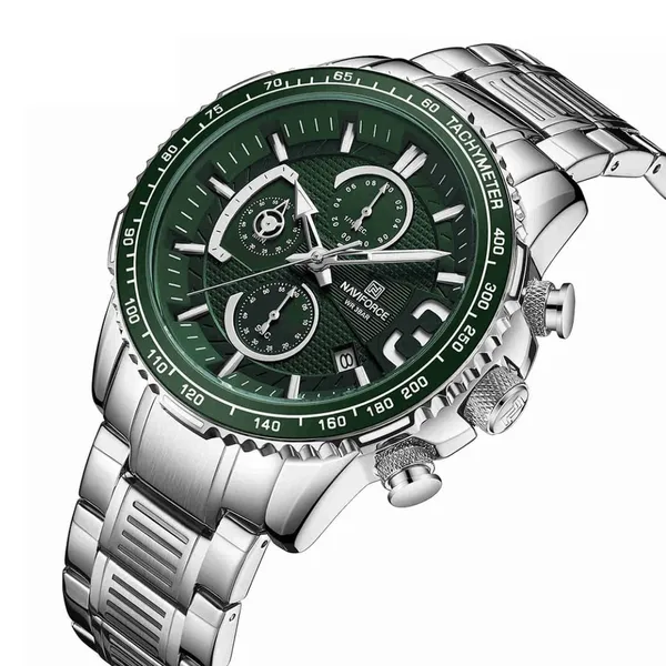 NAVIFORCE NF8017 Multifunction Stainless Steel Quartz Men's Watch – Dial Color: Green, Strap Color: Silver – View 2