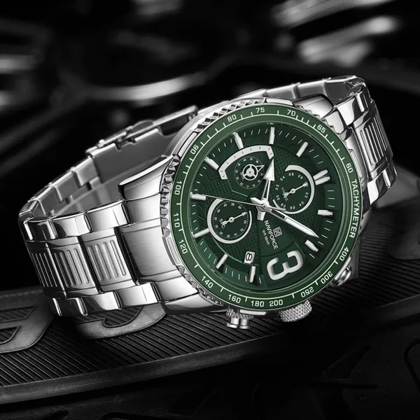 NAVIFORCE NF8017 Multifunction Stainless Steel Quartz Men's Watch – Dial Color: Green, Strap Color: Silver – View 3