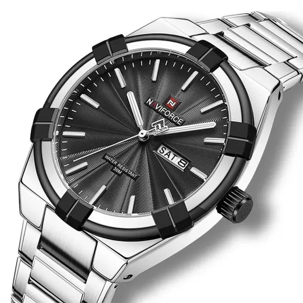 NAVIFORCE NF9218 Waterproof Stainless Steel Men's Watch – Dial Color: Grey, Strap Color: Silver – View 2