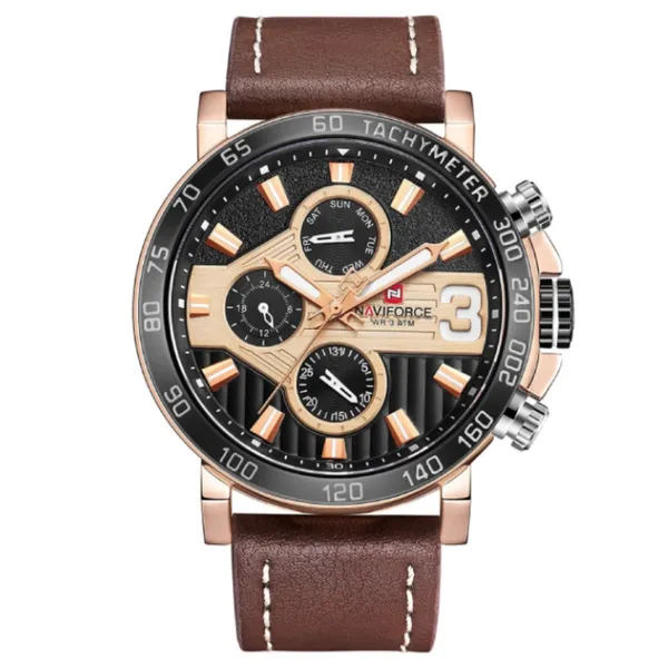 NAVIFORCE 9137 Sports Leather Wrist Strap Analog Quartz Men’s Watch – Dial Color: Rose, Strap Color: Brown – View 1