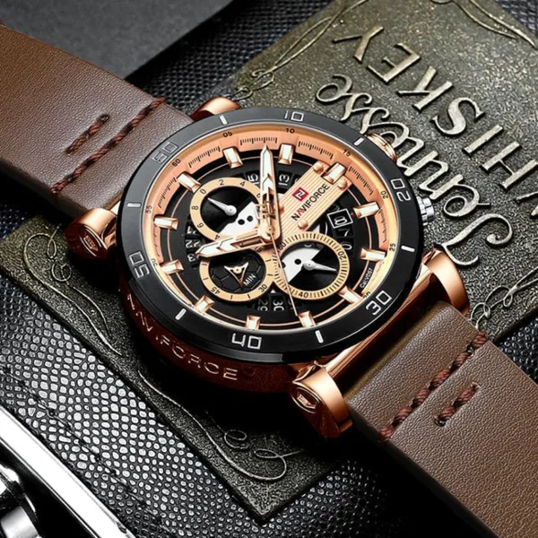 NAVIFORCE 9137 Sports Leather Wrist Strap Analog Quartz Men’s Watch – Dial Color: Rose, Strap Color: Brown – View 3