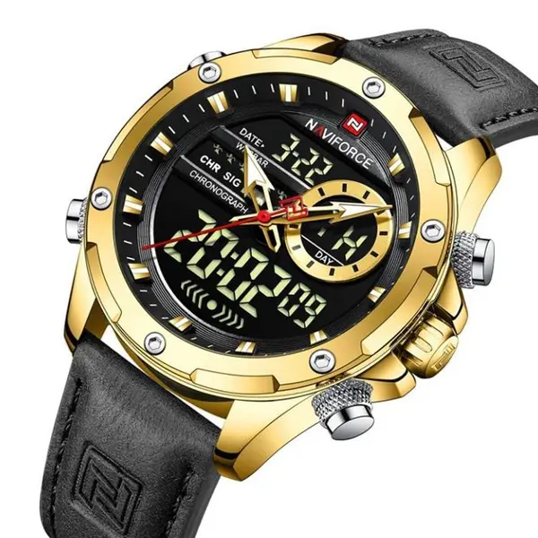 Naviforce NF9208 Genuine Leather Dual Display Luxury Fashion Men's Watch – Dial Color: Gold, Strap Color: Black – View 3