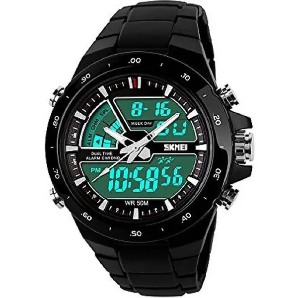 SKMEI 1016 Dual Time PU Leather Sporty Men's Watch – Dial Color: Black, Strap Color: Black – View 2