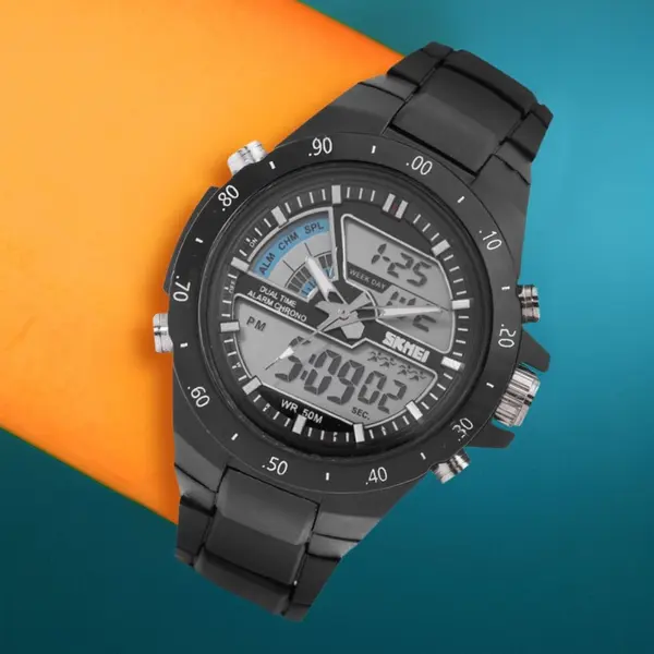 SKMEI 1016 Dual Time PU Leather Sporty Men's Watch – Dial Color: Black, Strap Color: Black – View 4