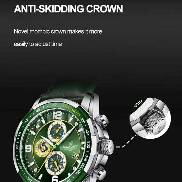 Naviforce NF8020L Luxury Leather Quartz Chronograph Casual Sports Style Men's Watch – Dial Color: Silver, Strap Color: Green  – View 5