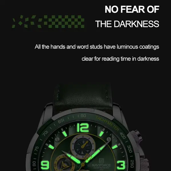 Naviforce NF8020L Luxury Leather Quartz Chronograph Casual Sports Style Men's Watch – Dial Color: Silver, Strap Color: Green  – View 6