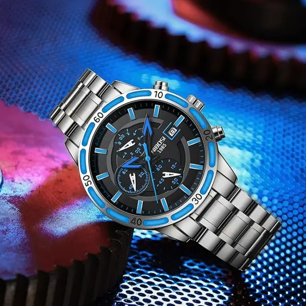 Nibosi 2568 Stainless Steel Multifunctional Chronograph classical Men's Watch – Dial Color: Blue, Strap Color: Silver – View 3