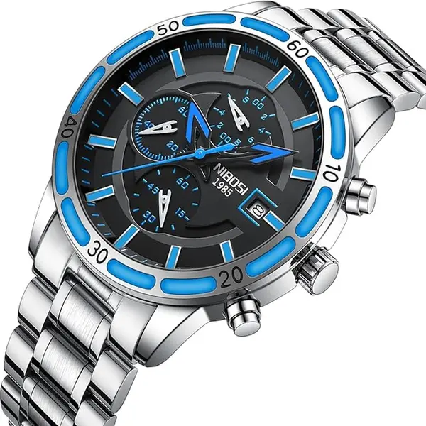 Nibosi 2568 Stainless Steel Multifunctional Chronograph classical Men's Watch – Dial Color: Blue, Strap Color: Silver – View 2