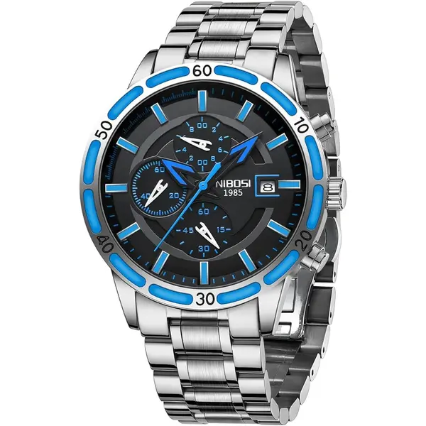 Nibosi 2568 Stainless Steel Multifunctional Chronograph classical Men's Watch – Dial Color: Blue, Strap Color: Silver – View 1