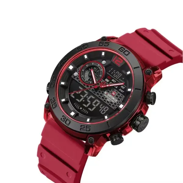 Naviforce 6104 Digital Analog Silicone Strap Waterproof Sporty Men's Watch – Dial Color: Red, Strap Color: Red – View 2