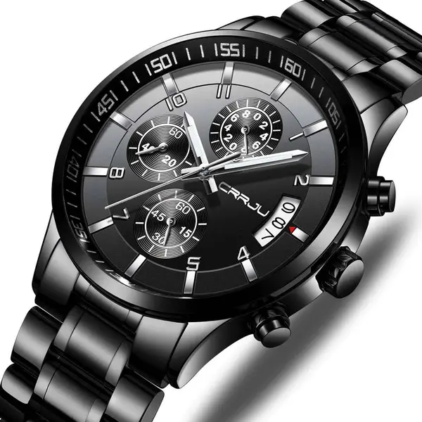 CRRJU 2214 Authentic Stainless Steel Minimalist Style Classic Men’s Watch – Dial Color: Black, Strap Color: Black – View 2