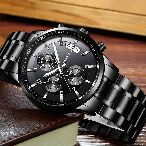 CRRJU 2214 Authentic Stainless Steel Minimalist Style Classic Men’s Watch – Dial Color: Black, Strap Color: Black – View 3