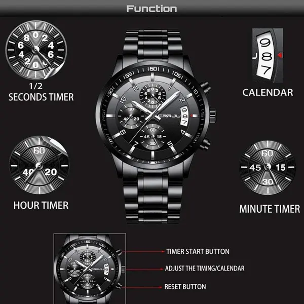 CRRJU 2214 Authentic Stainless Steel Minimalist Style Classic Men’s Watch – Dial Color: Black, Strap Color: Black – View 5