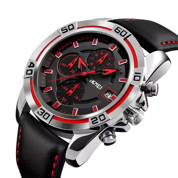 Skmei 9156 Fashion Leather Luxury Military Quartz Men's Watch  – Dial Color: Red, Strap Color: Black – View 2