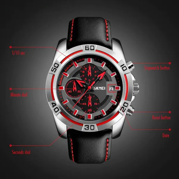 Skmei 9156 Fashion Leather Luxury Military Quartz Men's Watch  – Dial Color: Red, Strap Color: Black – View 3