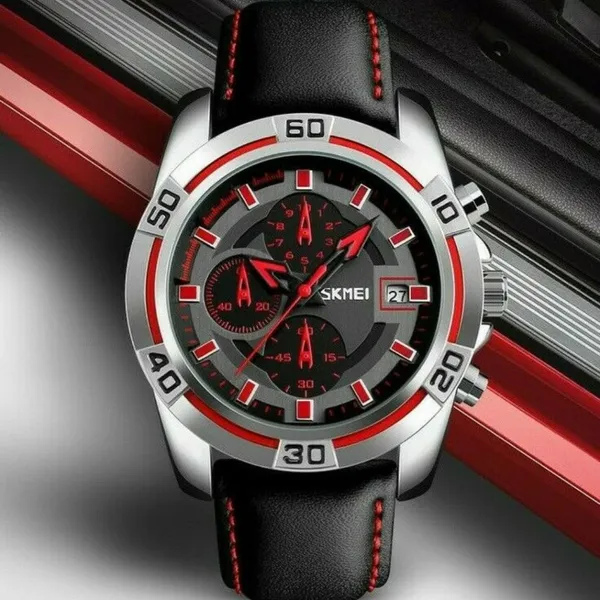 Skmei 9156 Fashion Leather Luxury Military Quartz Men's Watch  – Dial Color: Red, Strap Color: Black – View 4