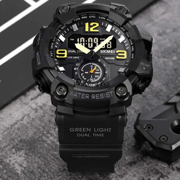 Skmei 1637 Digital Dual Movement 3 Time Waterproof Sports Men's Watch – Dial Color: Black, Strap Color: Black – View 3
