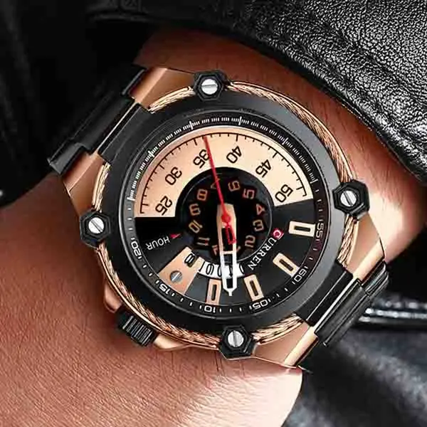 Curren 8345 Luxury Design Stainless Steel Analog Men's Watch – Dial Color: Brown, Strap Color: Black – View 3
