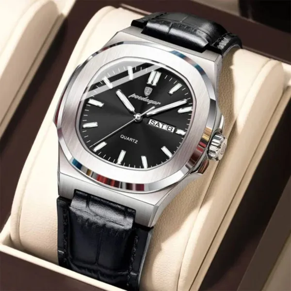 Poedagar 853L Quartz Square Waterproof Luminous Men's Watch – Dial Color: Silver, Strap Color: Black – View 2