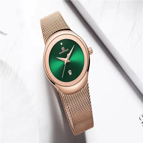 Naviforce NF5004 Milanese Mesh Strap Waterproof Versatile Ultra Thin Women's watch – Dial Color: Green, Strap Color:  Brown  – View 3