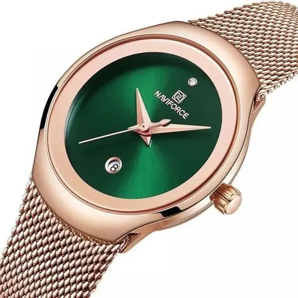 Naviforce NF5004 Milanese Mesh Strap Waterproof Versatile Ultra Thin Women's watch – Dial Color: Green, Strap Color:  Brown  – View 2