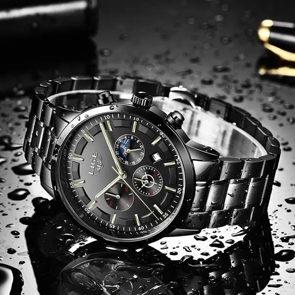 LIGE 9877 Stainless Steel Moon Phase Analog Luxury Men's Watch – Dial Color: Black, Strap Color: Black – View 2