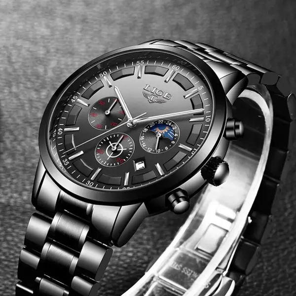 LIGE 9877 Stainless Steel Moon Phase Analog Luxury Men's Watch – Dial Color: Black, Strap Color: Black – View 3
