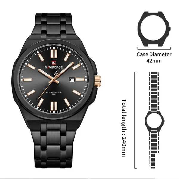 NAVIFORCE NF9226 Luminous Waterproof High-quality Quartz Men's Watch – Dial Color: Black, Strap Color: Black – View 4