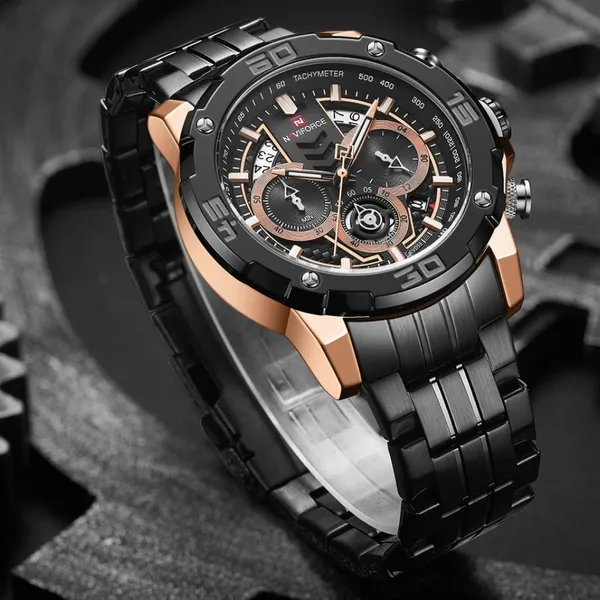 NAVIFORCE NF9175 Stainless Steel Chronograph Men's Watch – Dial Color: Black, Strap Color: Black – View 3