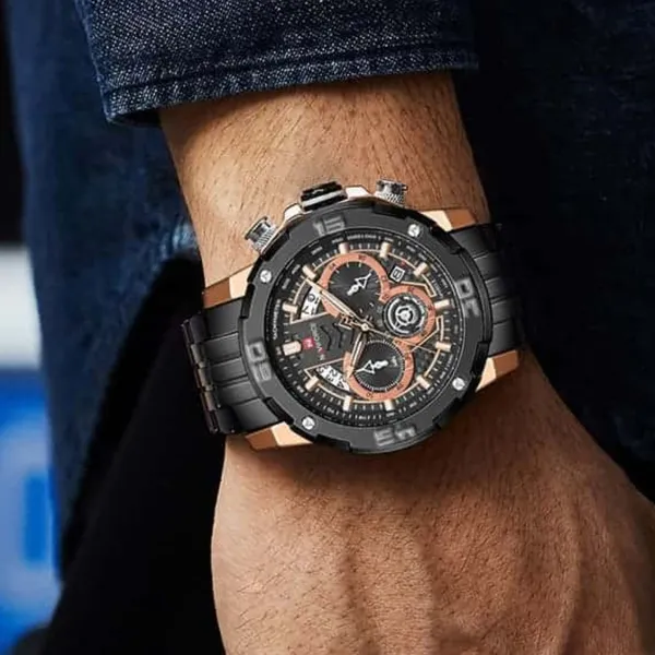 NAVIFORCE NF9175 Stainless Steel Chronograph Men's Watch – Dial Color: Black, Strap Color: Black – View 5