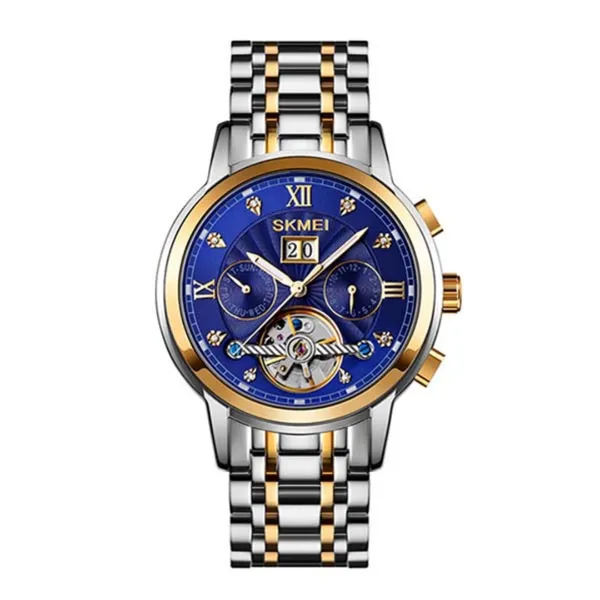 SKMEI M029 Mechanical Automatic Luxury Watch for Men – Dial Color: Blue, Strap Color: Silver – View 1