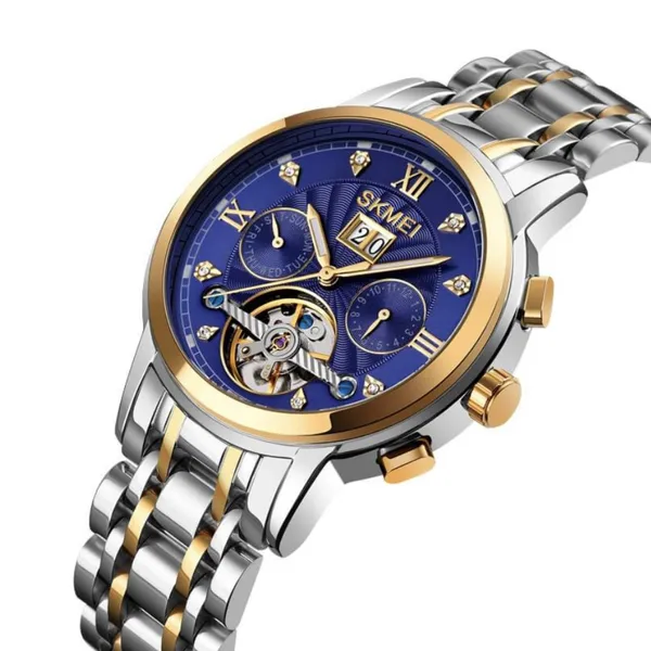 SKMEI M029 Mechanical Automatic Luxury Watch for Men – Dial Color: Blue, Strap Color: Silver – View 2
