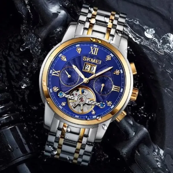 SKMEI M029 Mechanical Automatic Luxury Watch for Men – Dial Color: Blue, Strap Color: Silver – View 3