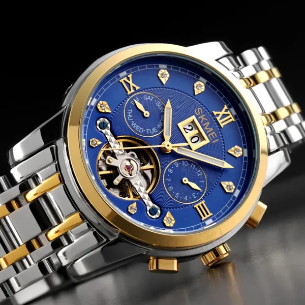 SKMEI M029 Mechanical Automatic Luxury Watch for Men – Dial Color: Blue, Strap Color: Silver – View 4