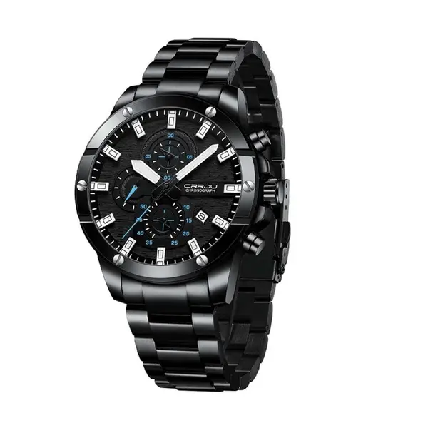 CRRJU 2296 High Quality Stainless Steel Multifunctional Analog Quartz Classic Men's Watch – Dial Color: Black, Strap Color: Black – View 1