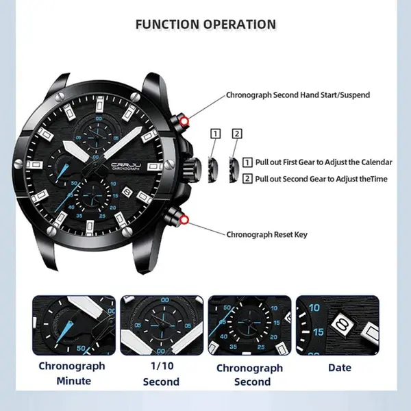 CRRJU 2296 High Quality Stainless Steel Multifunctional Analog Quartz Classic Men's Watch – Dial Color: Black, Strap Color: Black – View 3