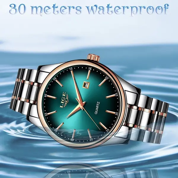 LIGE 9937 Analog Stainless Steel Calendar Luxury Men's Watch – Dial Color: Green, Strap Color: Silver – View 2