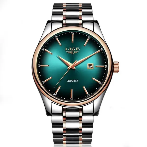 LIGE 9937 Analog Stainless Steel Calendar Luxury Men's Watch – Dial Color: Green, Strap Color: Silver – View 1