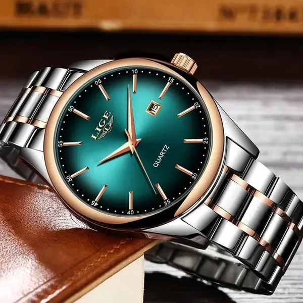 LIGE 9937 Analog Stainless Steel Calendar Luxury Men's Watch – Dial Color: Green, Strap Color: Silver – View 3