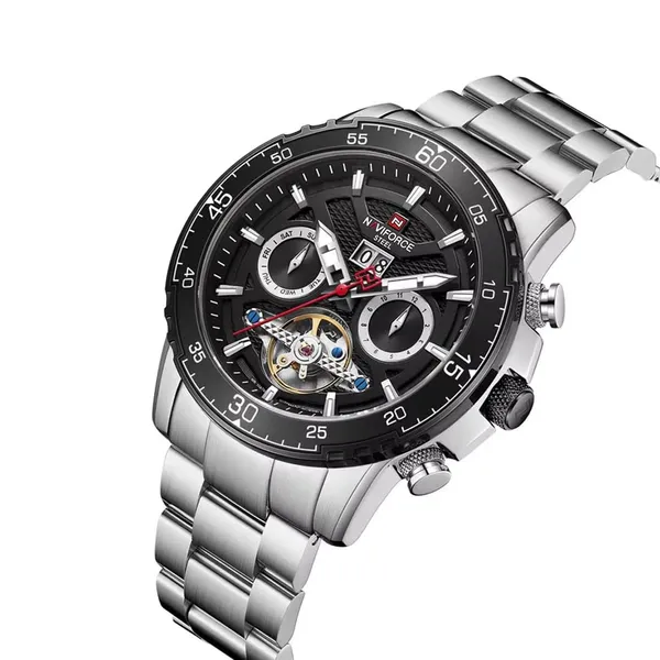 NAVIFORCE NF1001 Luxury Casual Mechanical Watch – Dial Color: Black, Strap Color: Silver – View 2