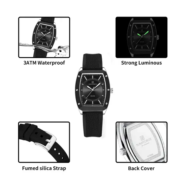 NAVIFORCE NF5049 Movement Fashion Barrel-Shaped Women’s Watch – Dial Color: Black, Strap Color: Black – View 3
