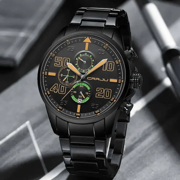 CRRJU 2307 Stainless Steel Multifunction Masterpiece Classic Chrono Men's Watch – Dial Color: Orange, Strap Color: Black – View 2