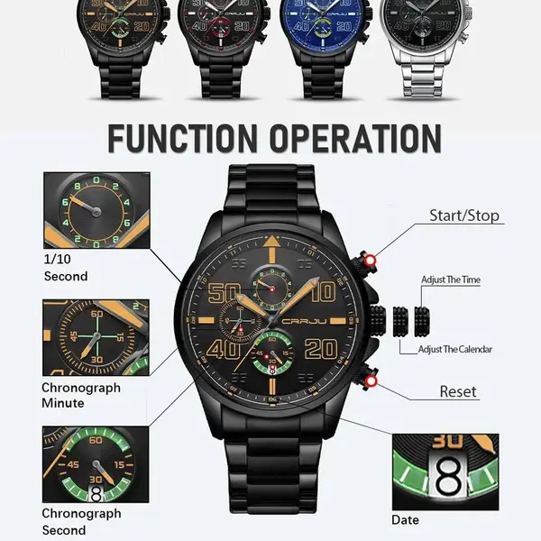 CRRJU 2307 Stainless Steel Multifunction Masterpiece Classic Chrono Men's Watch – Dial Color: Orange, Strap Color: Black – View 3