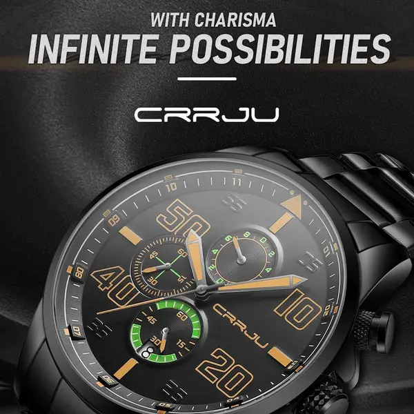 CRRJU 2307 Stainless Steel Multifunction Masterpiece Classic Chrono Men's Watch – Dial Color: Orange, Strap Color: Black – View 5