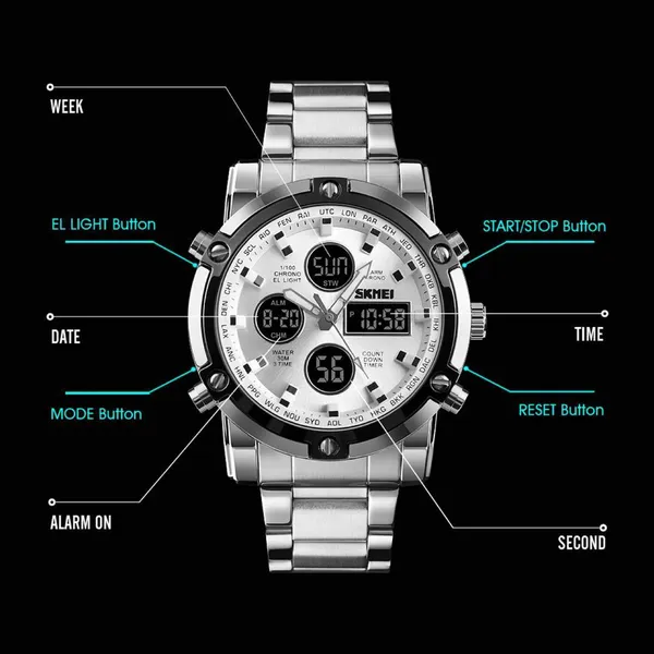 Skmei 1389 Stainless Steel Business Men’s Watch  – Dial Color: Silver, Strap Color: Silver – View 3
