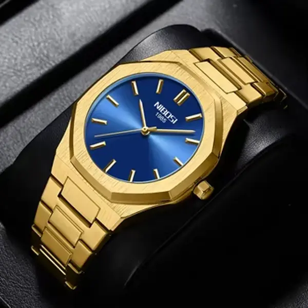 Nibosi 2520 Polygon Waterproof & Stainless Steel Strap Men's Watch – Dial Color: Blue, Strap Color: Gold – View 2