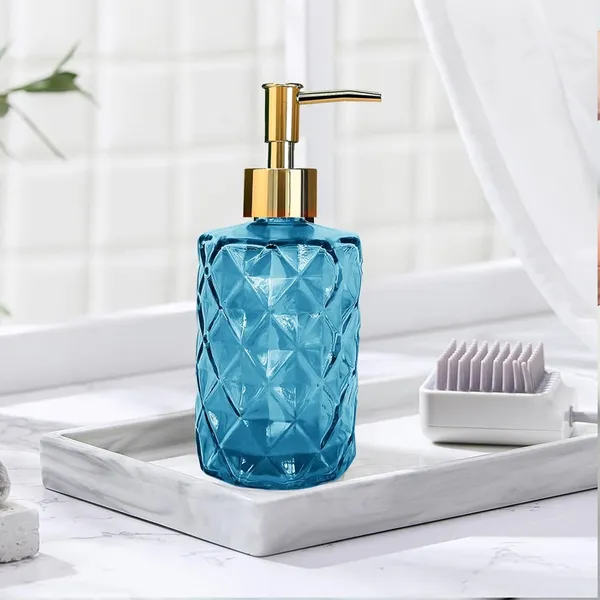 Amber Glass Liquid Soap Dispenser Pump Shampoo & Conditioner Dispenser 330ml – Color: Blue – View 4