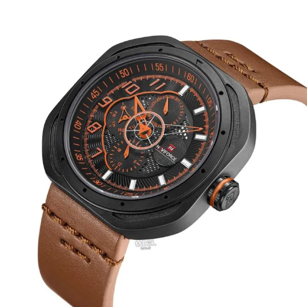 Naviforce NF9141 Rounded Square Quartz Leather Strap Men's Watch – Dial Color: Orange, Strap Color:  Brown  – View 2