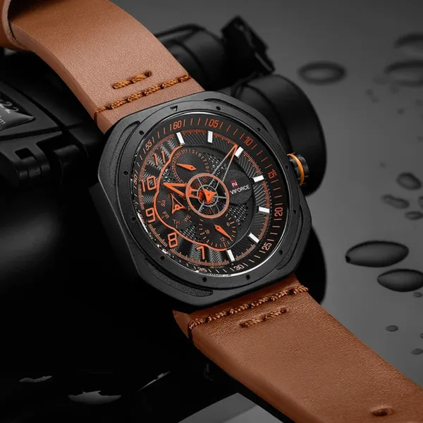 Naviforce NF9141 Rounded Square Quartz Leather Strap Men's Watch – Dial Color: Orange, Strap Color:  Brown  – View 4